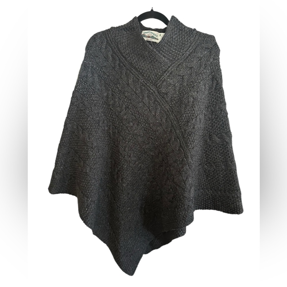 Aran Crafts 100% Merino Wool Poncho Size M/L Cable Knit Dark Gray Cape Sweater
